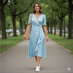 Orite Vintage Light Blue Short Sleeve Satin Dress with Wrap Waterfall Skirt